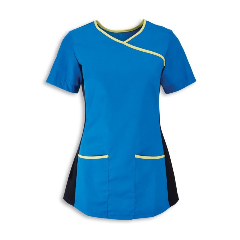 Popular and distinctively designed scrub top with mock wrap front neck with contrast bound edges.
Displaying a mock wrap front neck with contrast bound edges and stretch side body panels for comfort and movement. This outstanding scrub tunic is available in different colour schemes and sizes.